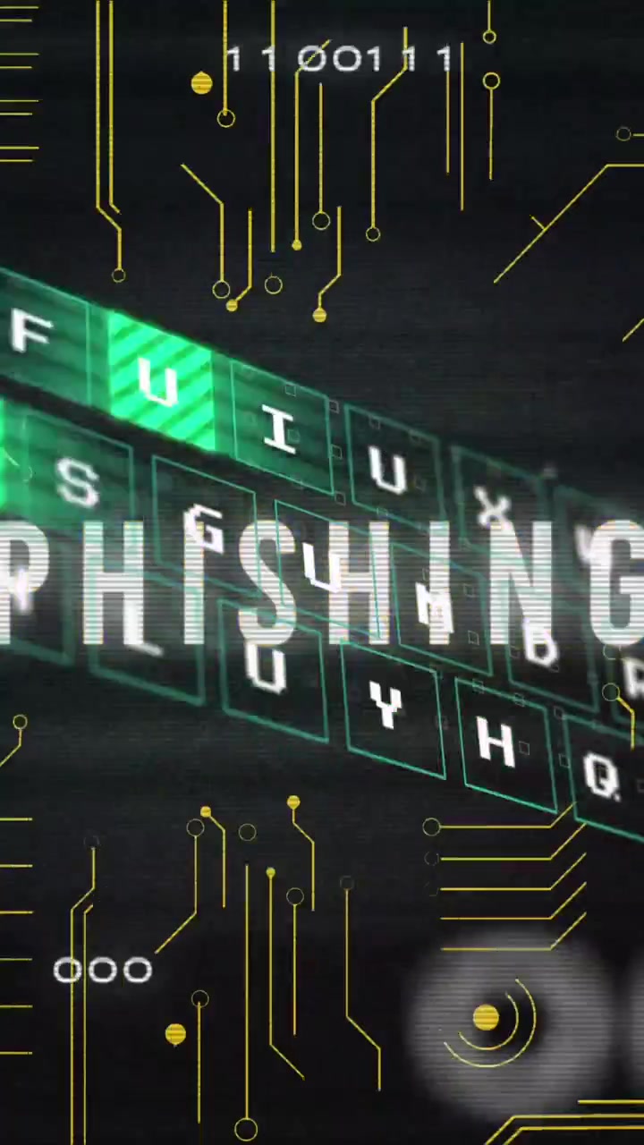 Animazione di ritaglio di tastiera su testo di phishing, codice binario, tecnica glitch, motivo a circuito stampato.