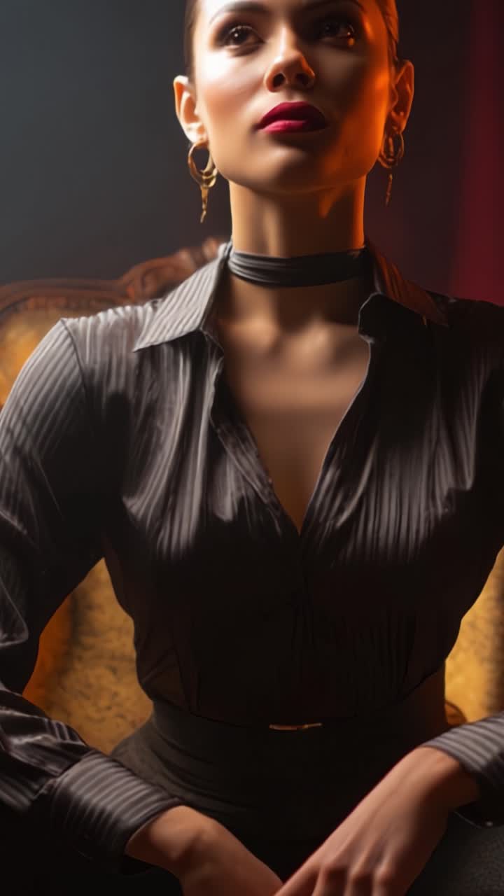 Modelo elegante posando em um ambiente com pouca luz, exibindo um look estiloso com acessórios ousados e uma expressão cativante, destacando moda e confiança.