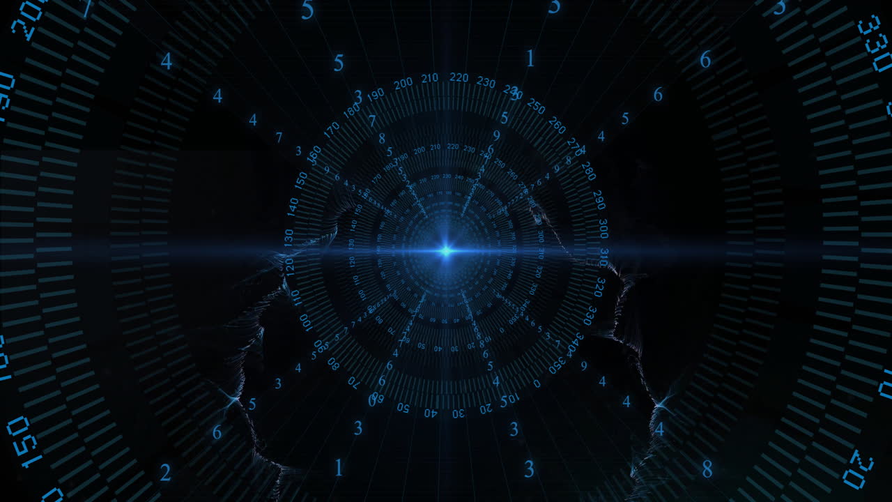 Animation of digital data processing over glowing spots on black background