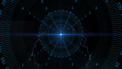 animation of digital data processing over glowing spots on black background