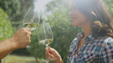 una pareja disfrutando de la degustación de vino en un viñedo