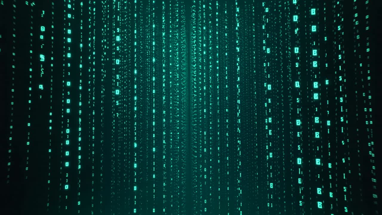 Emerging red crystal mass appearing right, growing toward camera in cyberspace hitting teal streams