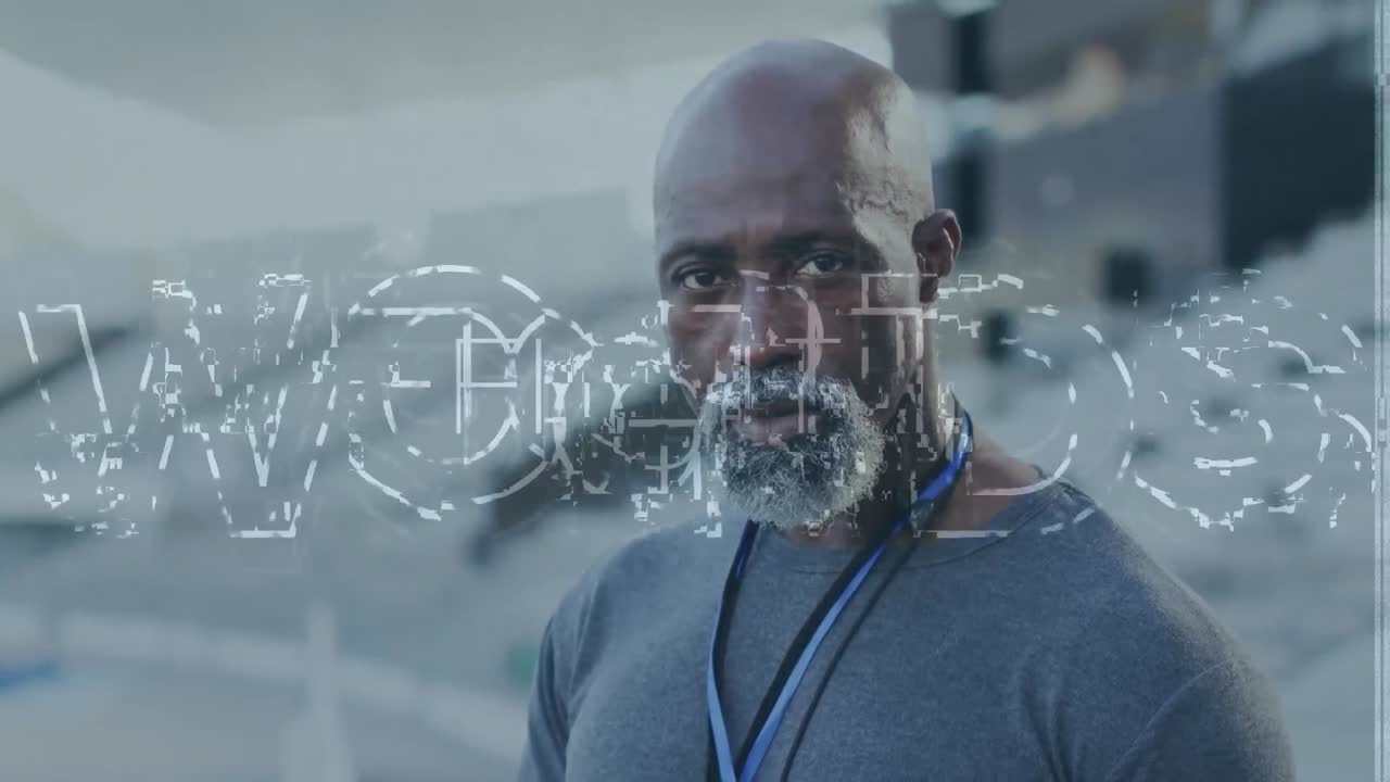 Animation of fight text over african american male coach