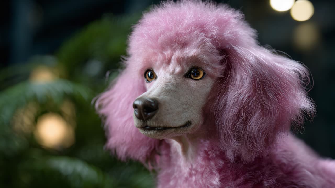 Göz alıcı, kabarık tüylü pembe bir kaniş; yemyeşil yeşil bir arka plan üzerinde etkileyici bir yüz ve büyüleyici bir kişilik sergileyerek köpek güzelliğini ve zarafetini temsil ediyor
