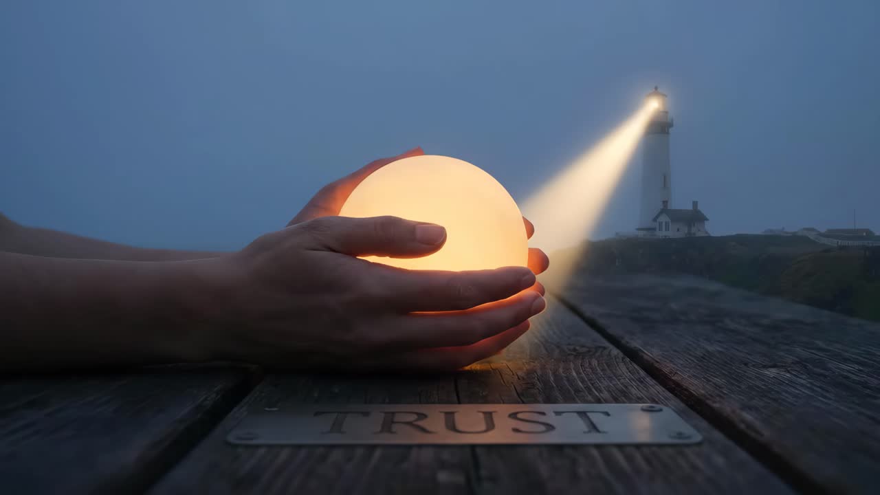 Mãos segurando um orbe brilhante com um farol e uma placa de confiança