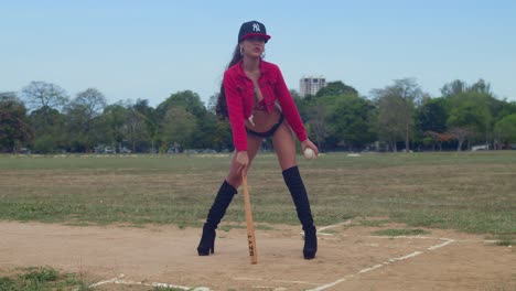 a girl wearing a baseball bikini outfit in a lush field on the vibrant island of trinidad