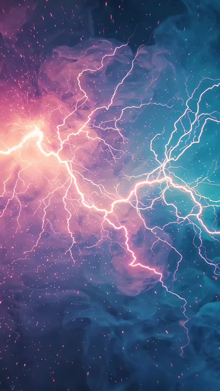 Vertical video: Sparking node, lightning arcs pulsing, branching and dissipating charge in nebula