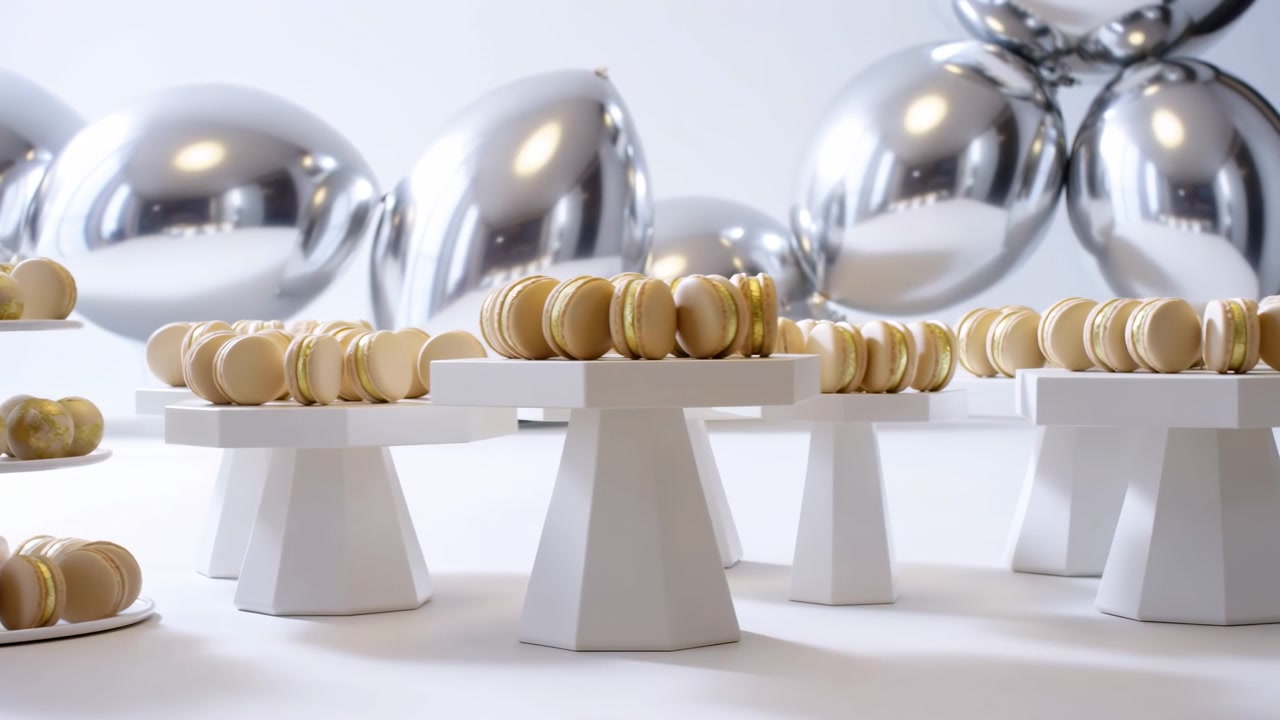 Middle frame shows neat rows of golden macarons arranged on white pedestals, complemented by reflective silver spheres in a bright studio, creating a clean