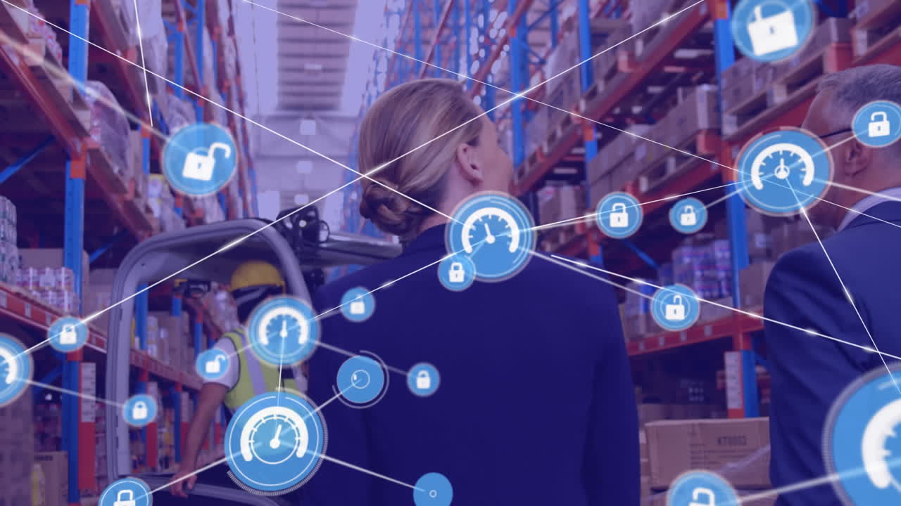 сеть цифровых икон против белых мужчин и женщин-наблюдателей, обсуждающих на складе