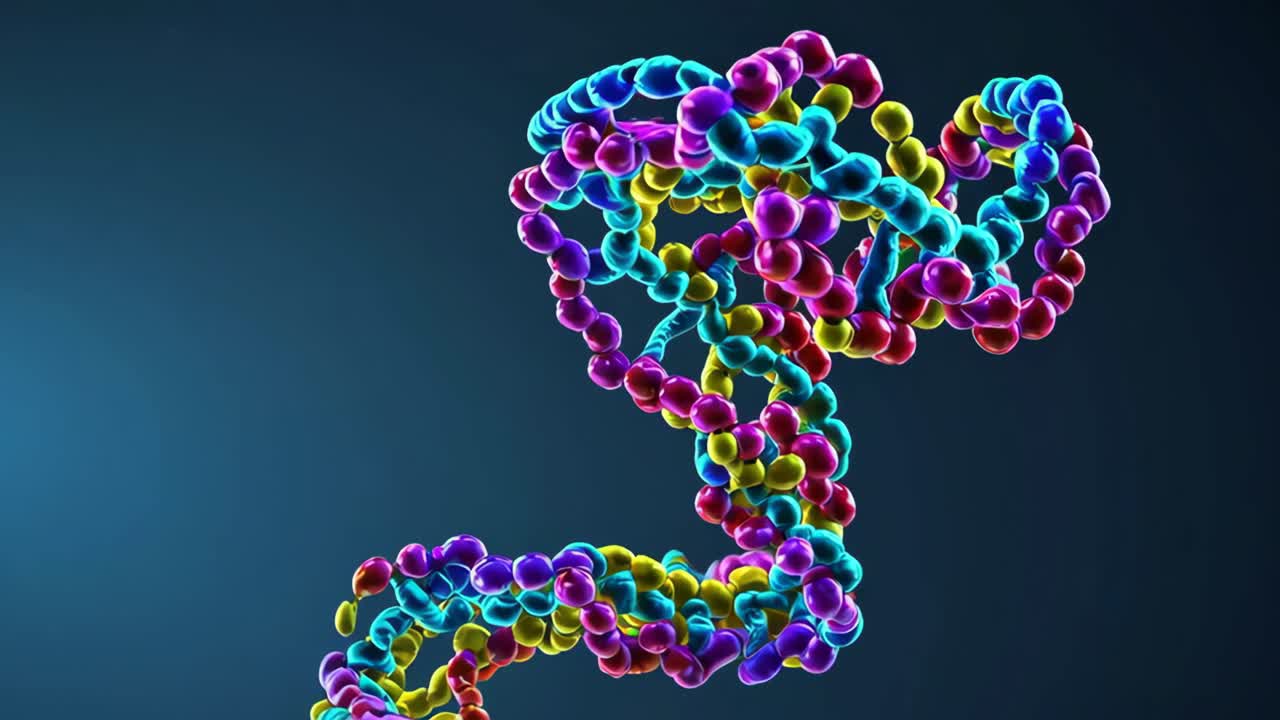 Dynamic 3D rendering of a colorful DNA strand, captured from a low-angle perspective