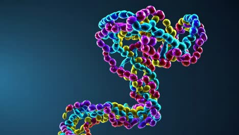 Dynamic 3D rendering of a colorful DNA strand, captured from a low-angle perspective