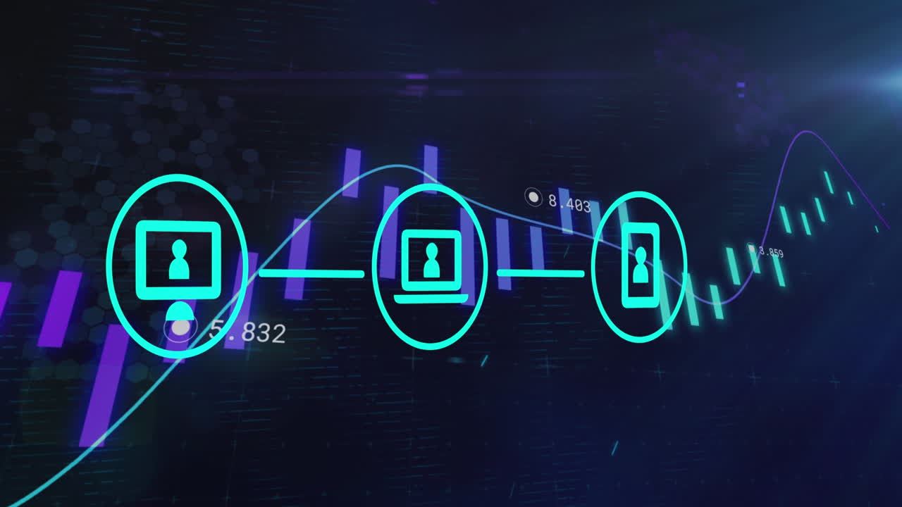 3개의 반 ⁇ 이는 디지털 아이콘으로 금융 데이터 처리를 하는 라인의 애니메이션