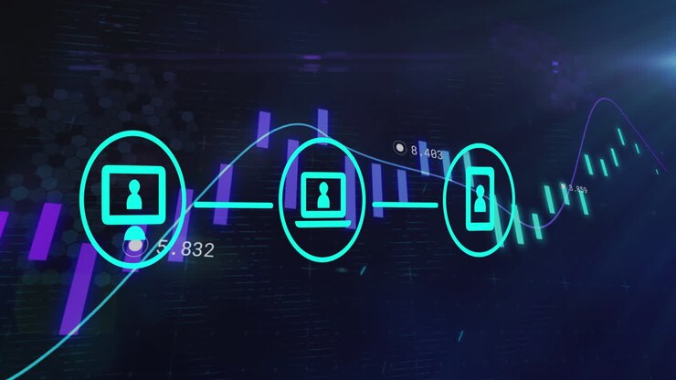 Animation of line with financial data processing with three glowing digital icons