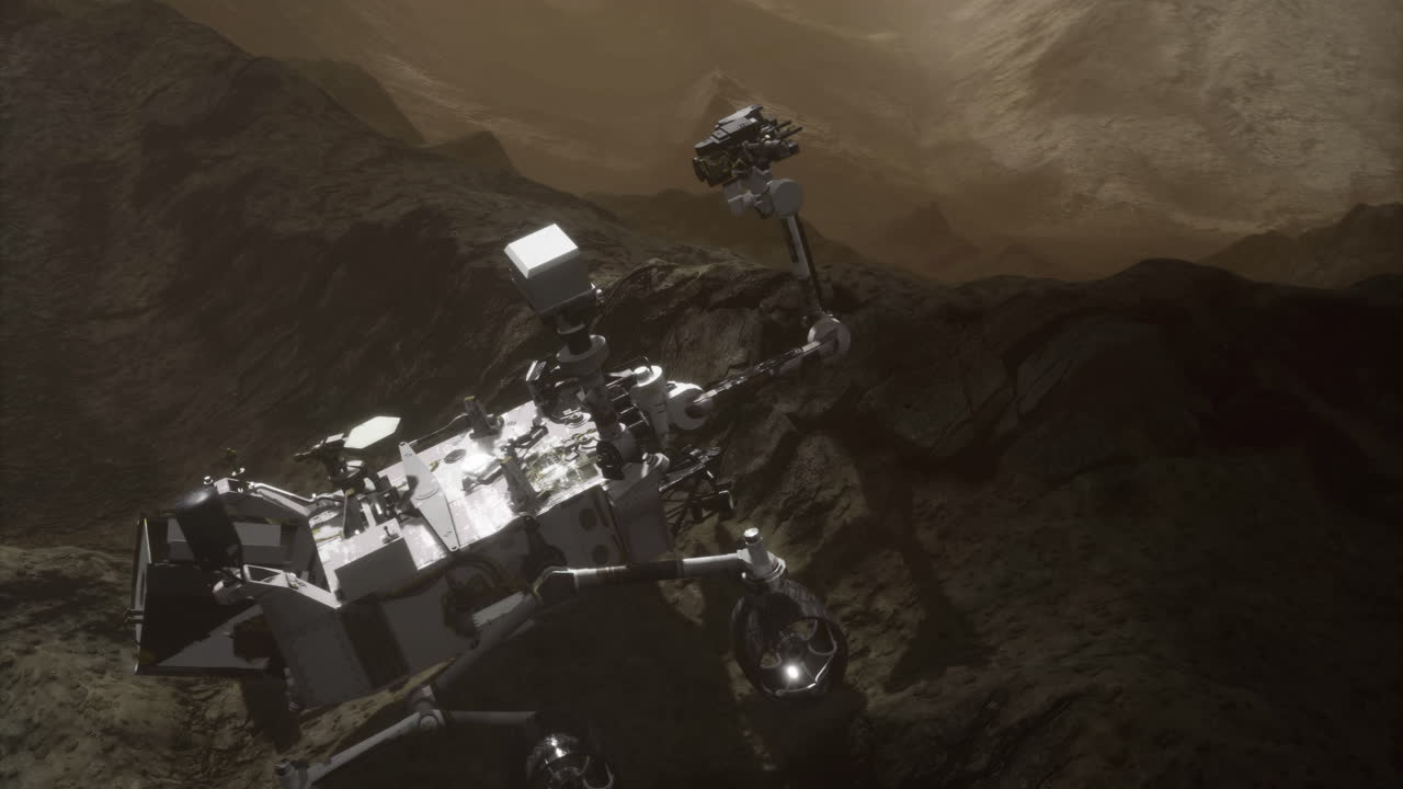 Curiosity rover exploring the martian landscape during a sunset