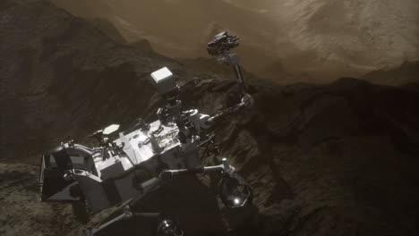 curiosity rover exploring the martian landscape during a sunset