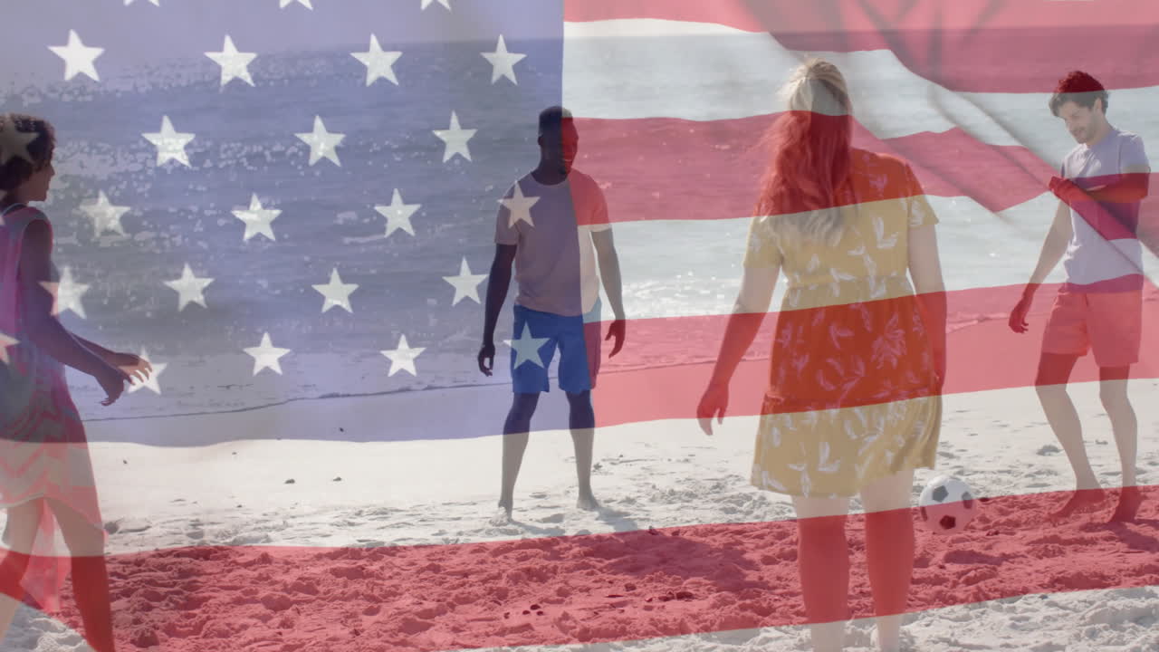 Animation of flag of usa over diverse friends playing football on beach