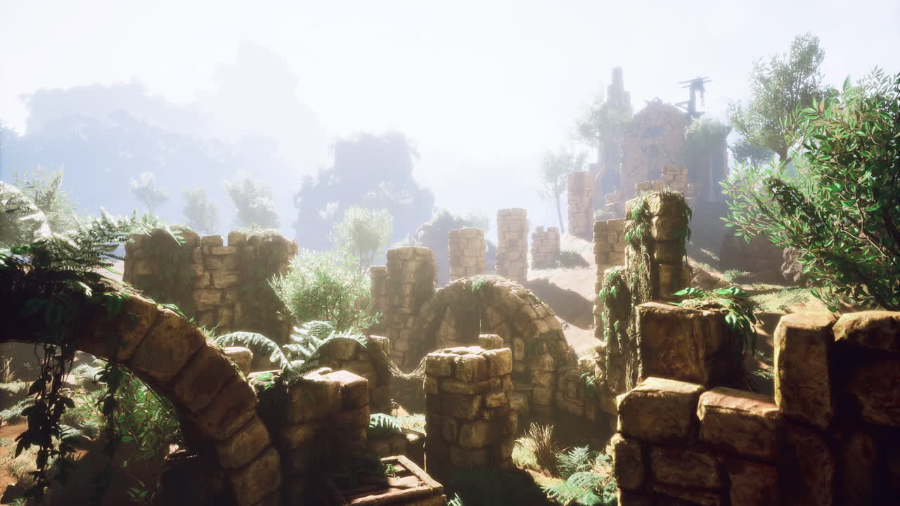 Morning mist shrouds ancient ruins amid lush greenery
