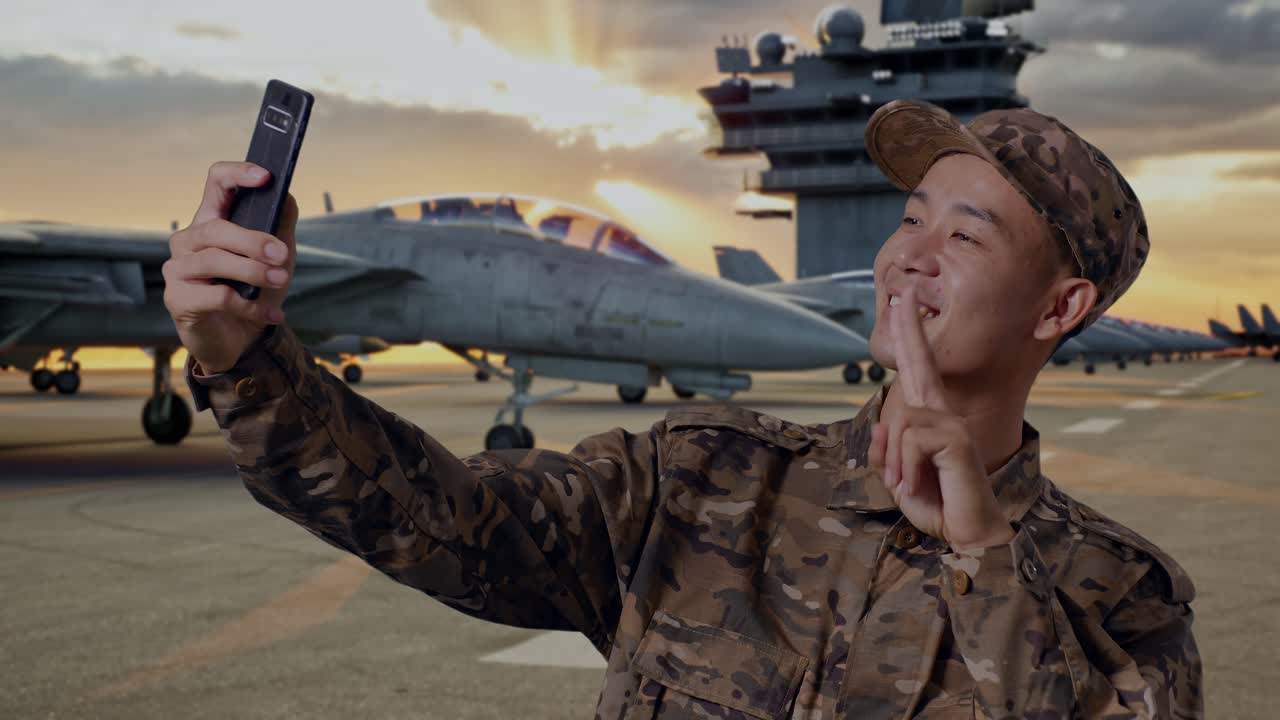 Military personnel taking a selfie on an aircraft carrier