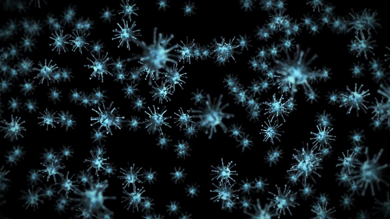 Flying many virus cells on black background. Medical concept, Microscopic illustration. 3D animation of virus molecule rotating. Loop animation.