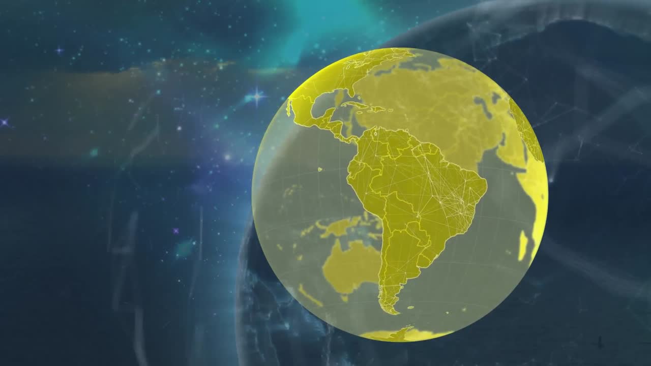 지구의 애니메이션과 하늘 위의 연결 네트워크