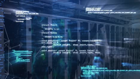 Animation of computer language over connected dots forming globes against server room