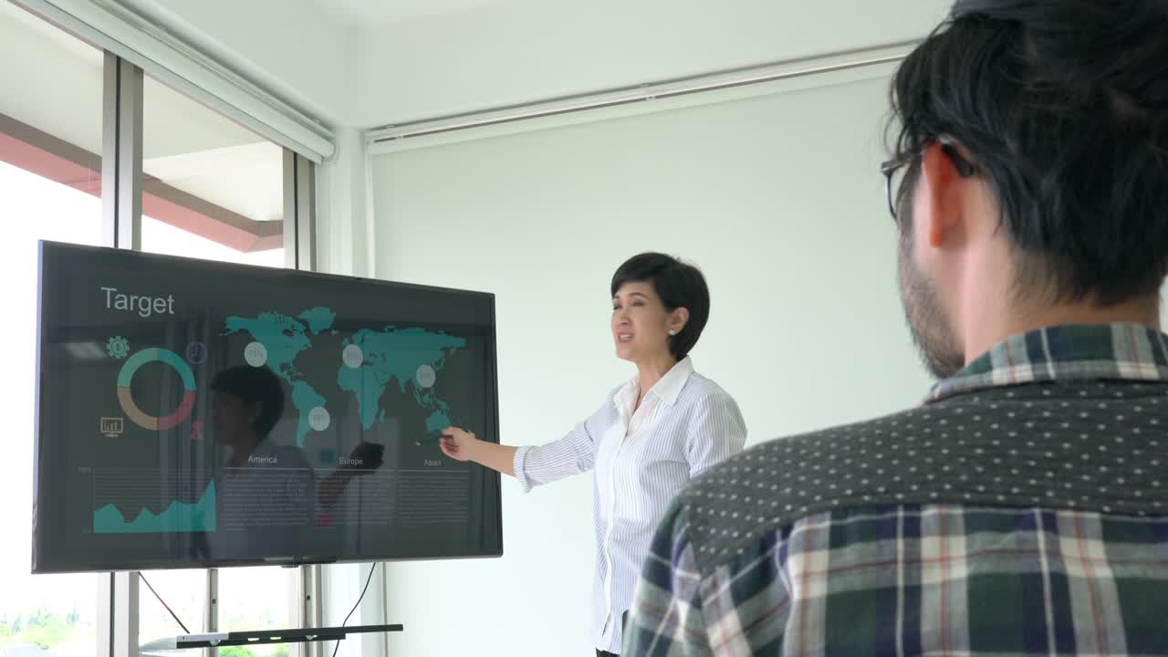 mujer de negocios presenta el plan del proyecto y se reúnen para compartir ideas de negocio. concepto de tormenta de ideas, sala de guerra, trabajo en equipo de reuniones y tablero de control.