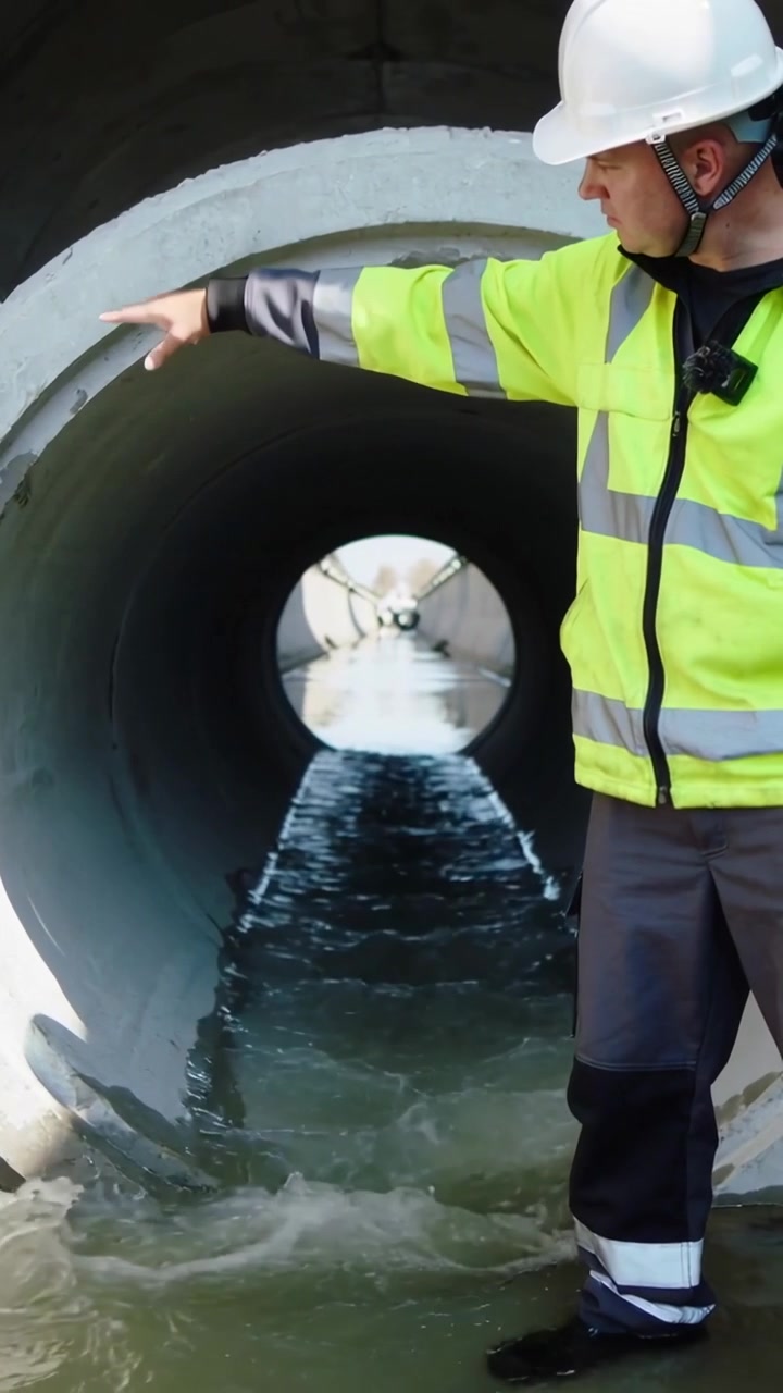 Video vertical: Trabajador con sombrero y chaqueta de alta visibilidad observando el flujo y señalando una alcantarilla, con espacio para texto.