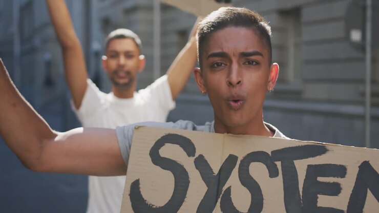 Due uomini multietnici a una marcia di protesta, che tengono cartelli, alzano le mani e gridano.