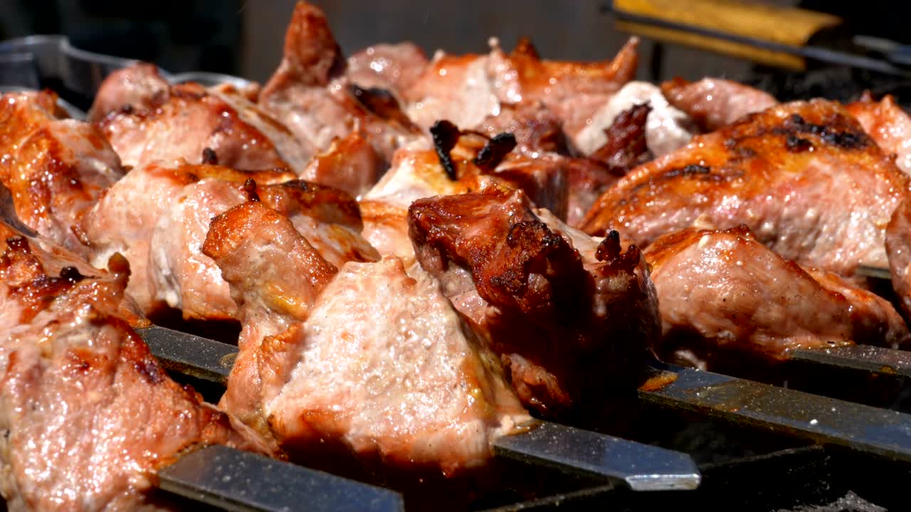 야생에서 그릴에 요리 된 shish kebab. 거리 음식. 개에 긴 고기