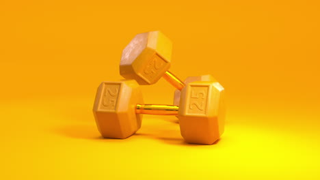 High-quality-3D-animation-of-yellow-25kg-dumbbells-on-a-clean-yellow-background