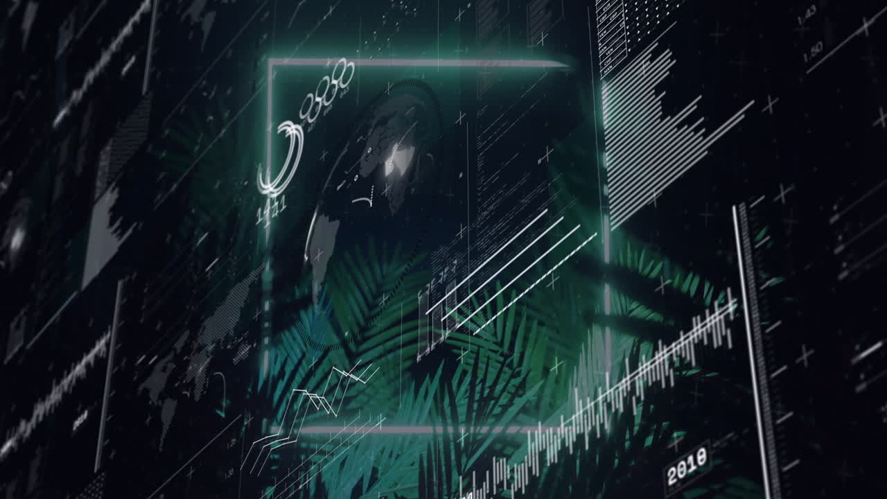 Animation with abstract graphics and green foliage in digital data visualization