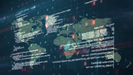 animation of malware, cybercrime security warnings and data processing over world map