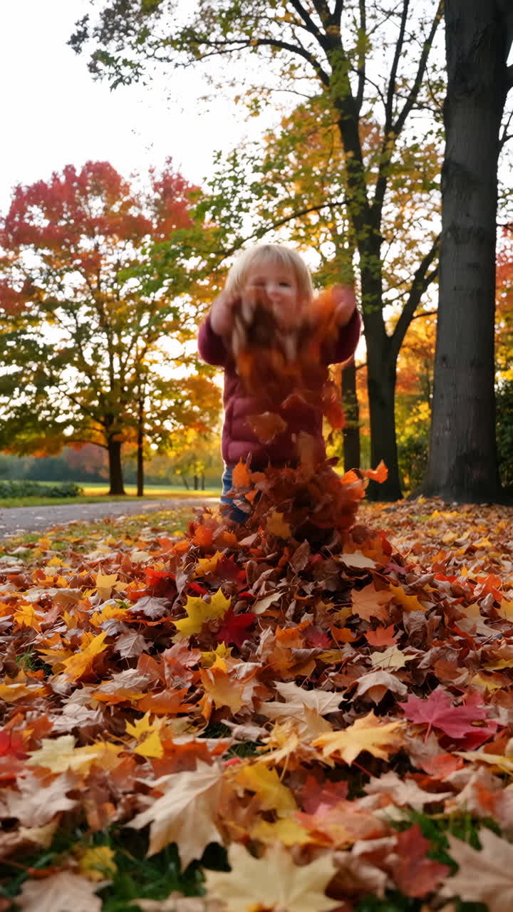 Joyful Child Playing in Autumn Leaves