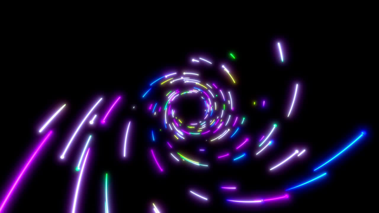 Glowing neon lines tunnel. Blue red pink and violet colorful lighting. Fluorescent ultraviolet lights in the space. Seamless loop 4k background