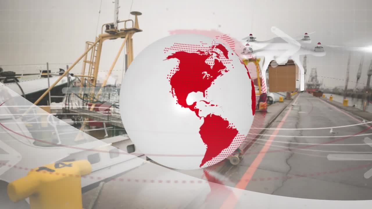 animación de la red de conexiones a través de drones con paquetes a través de astilleros