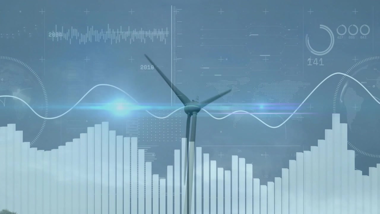 Wind turbine spinning against blue background, displaying digital bars, gauges, waveform