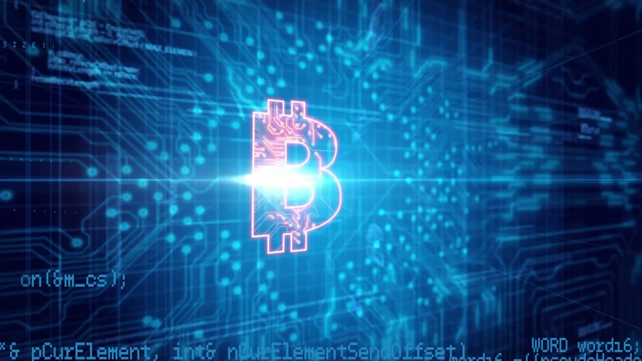 Glødende knuder pulserer i midten, Bitcoin-symbol dukker op med kredsløb, der viser valutaaktivering