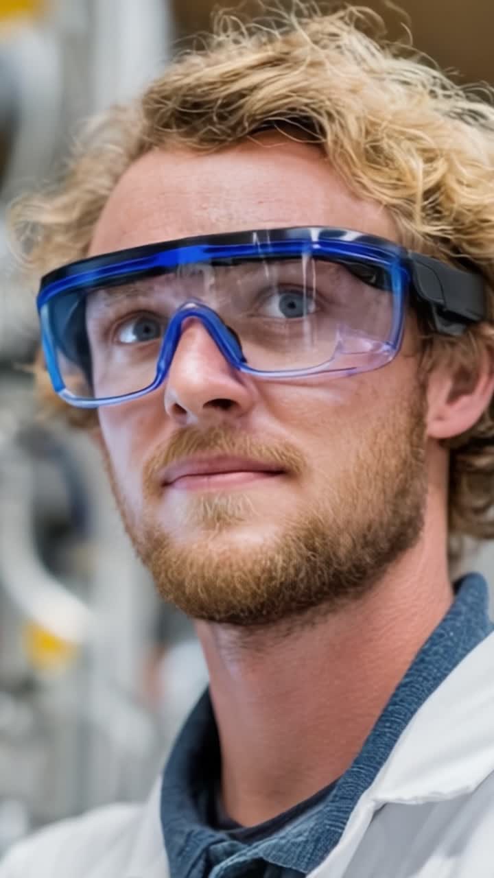 A male laboratory technician wearing safety goggles and a lab coat, exhibiting a focused expression while working in a scientific research environment