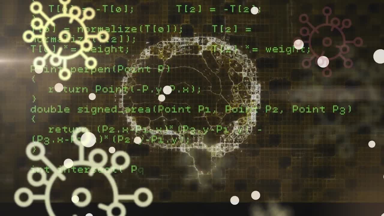 animación de células de covid 19 con el giro del cerebro humano y el procesamiento de datos