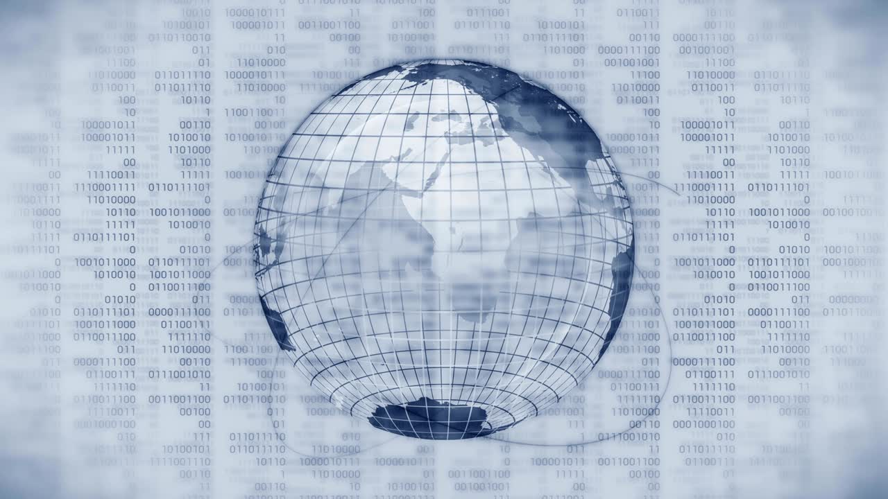 Planet earth with background of binary digits. Binary numbers around global earth. High tech technological loop animation. Number zero and one.