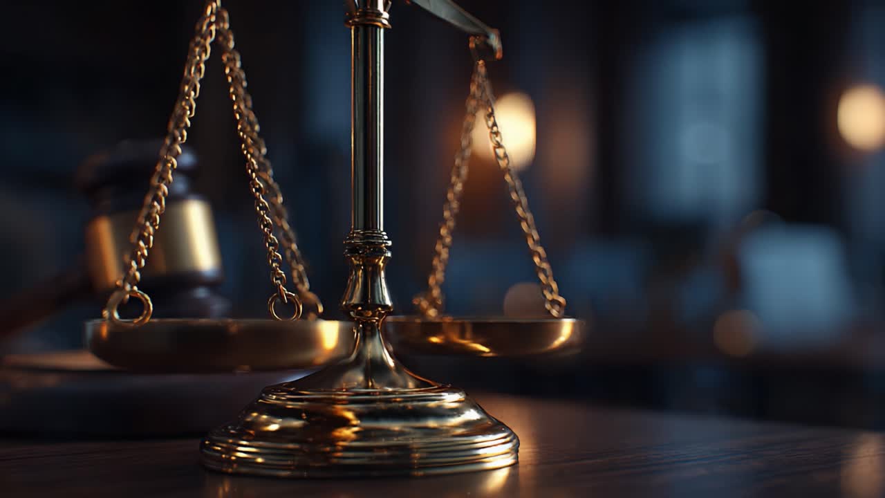 Exploring the Symbolism of Justice Through the Iconic Scales and Gavel in a Dimly Lit Setting, Highlighting Themes of Fairness and Legal Integrity