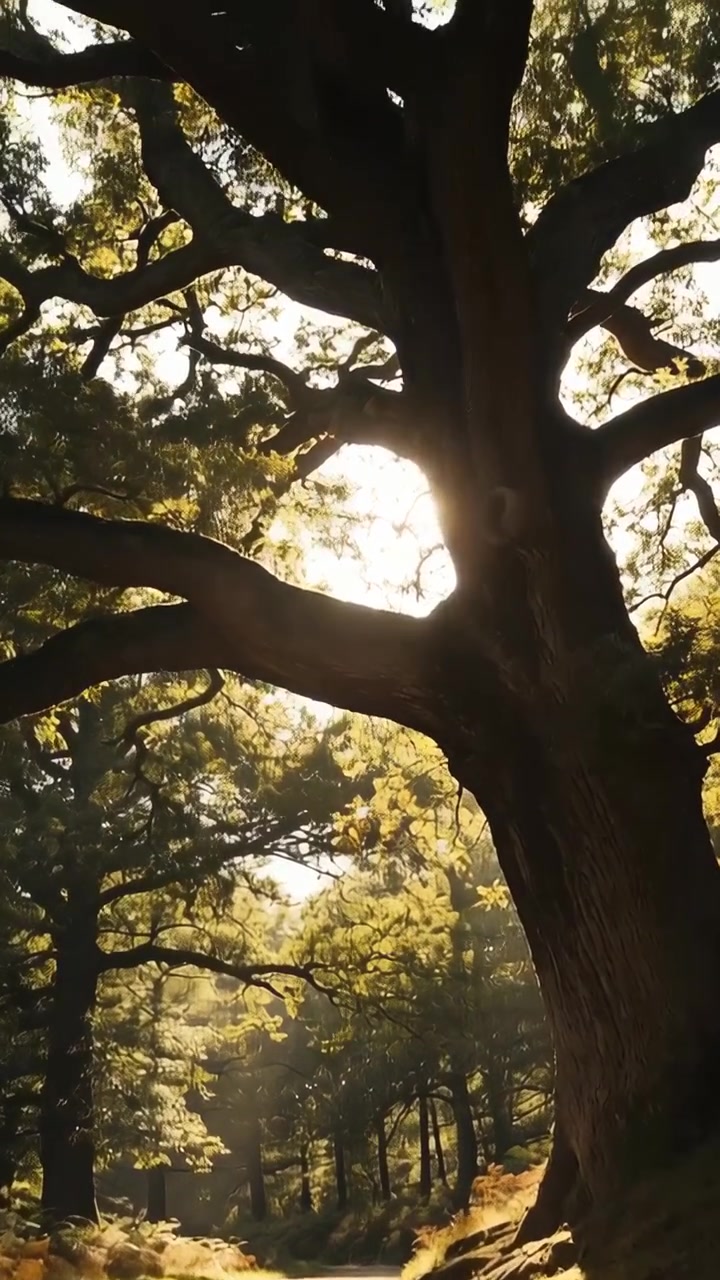 Video verticale: telecamera in panoramica che rivela un grande albero maturo lungo un sentiero nel bosco, catturando raggi di sole.