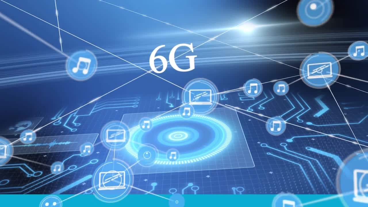 Animation of 6g text with motherboard and network of connected media icons on dark background