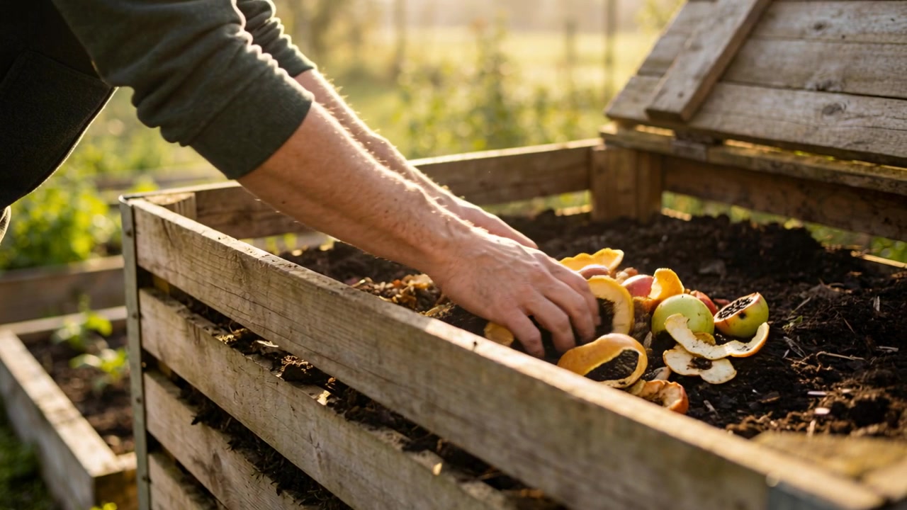Hands in pullover placing and mixing fruit veg scraps into compost bin for enriching backyard soil