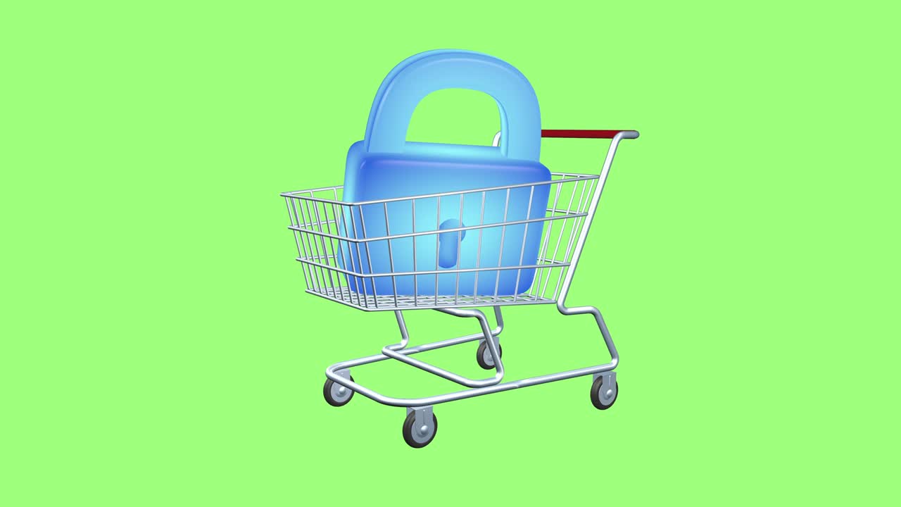 Sinal de cadeado virtual e carrinho de compras como símbolo de comércio. Animação da venda e compra de segurança ou proteção. Tela verde isolada