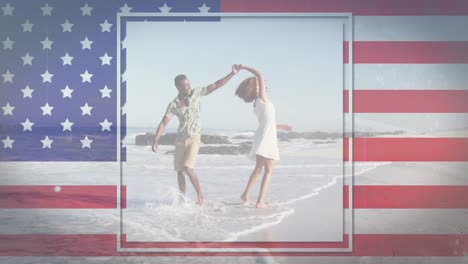 animation of american flag waving over man and woman dancing on beach