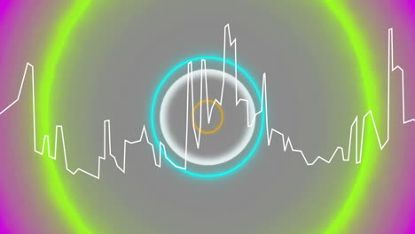 glowing sphere drifting in neon rings, animating jagged waveform line cutting across in flat design