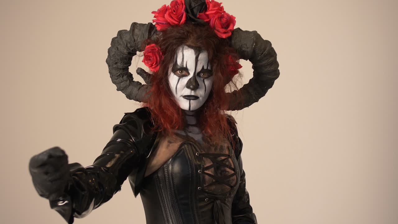 Catrina Cosplay girl calling with a finger and Domina outfit and Light background, Medium Close up