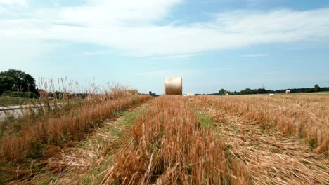 Rolled-hay-bales-in-a-rural-field,-aerial-view