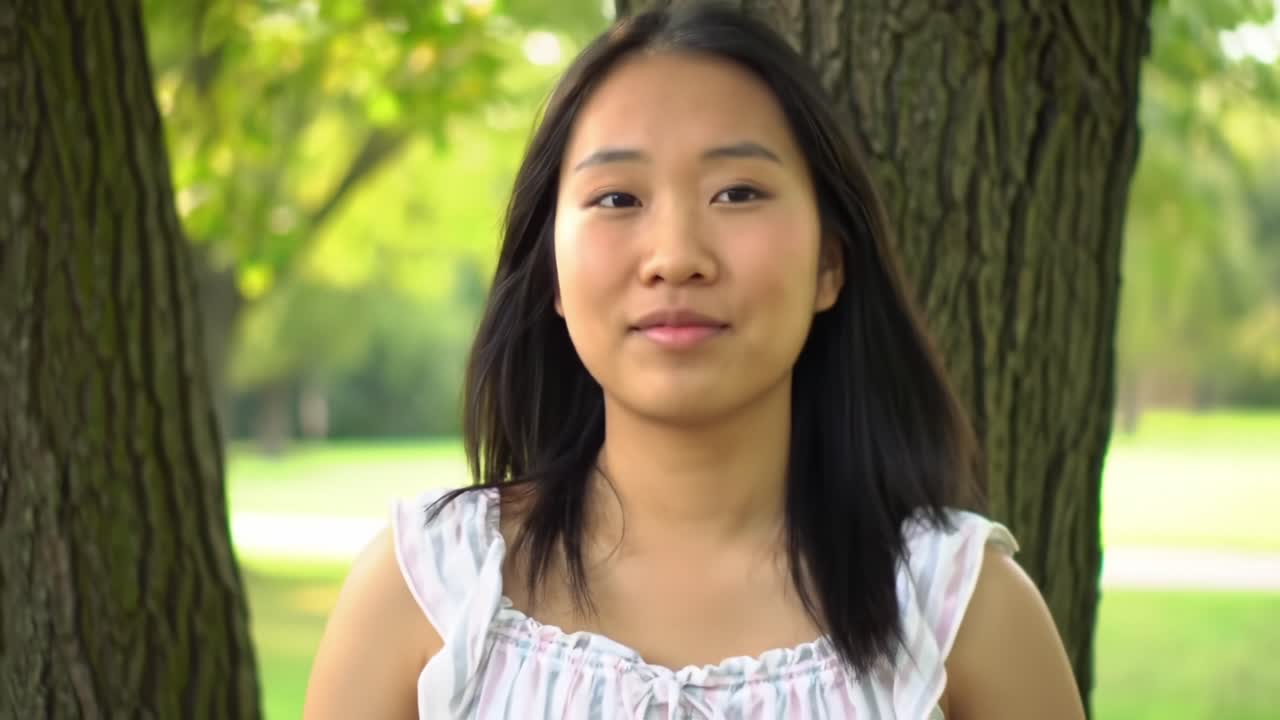 A serene moment captured in nature, featuring a young woman enjoying a peaceful day outdoors, surrounded by trees and natural beauty, embracing tranquility and mindfulness